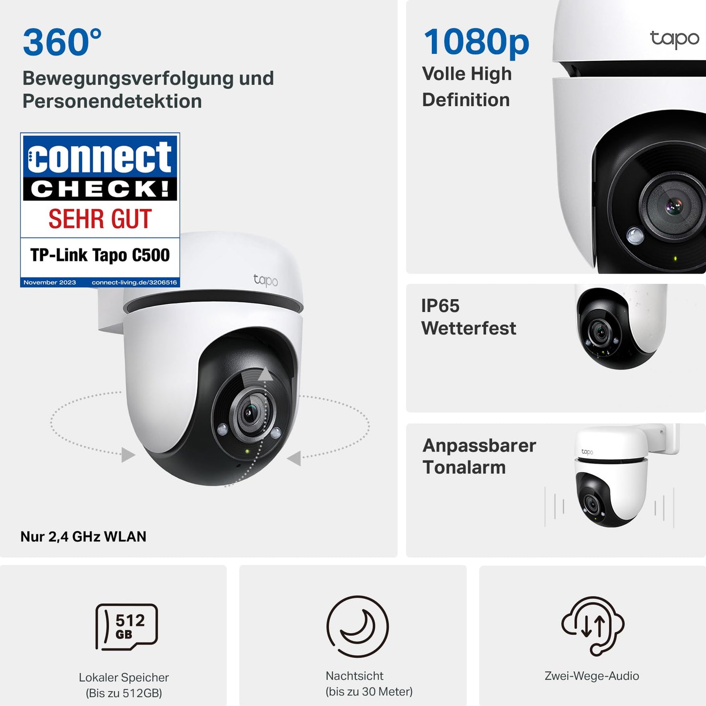 WLAN Überwachungskamera Außen, 360° Sichtbereich, 1080p Auflösung, Bewegungserkennung, Nachtsicht bis zu 30 m