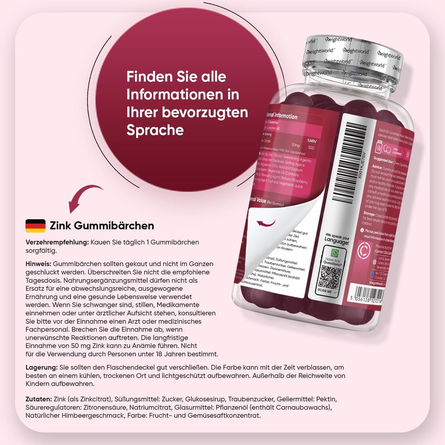 Zink Gummibärchen - Mit Himbeergeschmack - 90 vegane Zinkcitrat Gummies für 3 Monate Vorrat - Alternative zu Tabletten und Kapseln