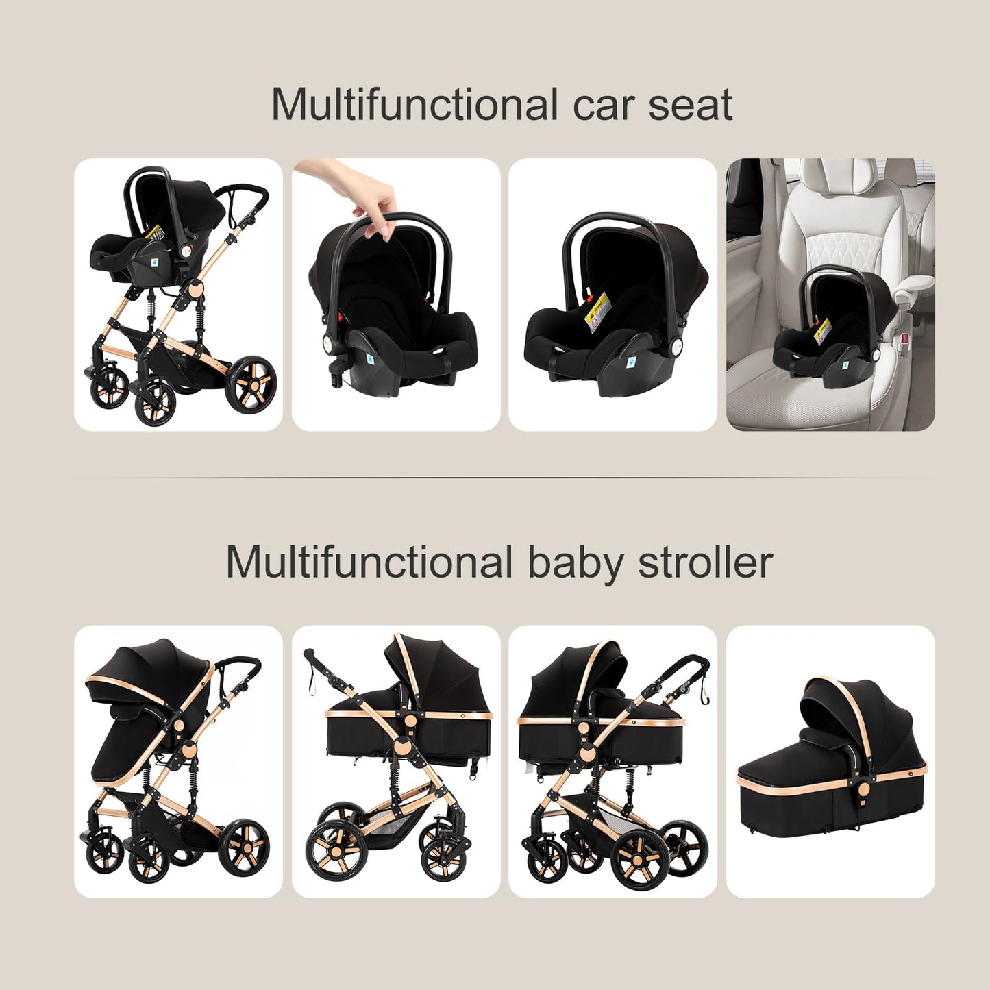 Reenborn 3-in-1 Pushchair, Buggy with Two Reversible Sliding Modes, Pushchair with Frame Aluminium Alloy, Baby Pram, 3-in-1 Complete Set with One-Click Folding Design