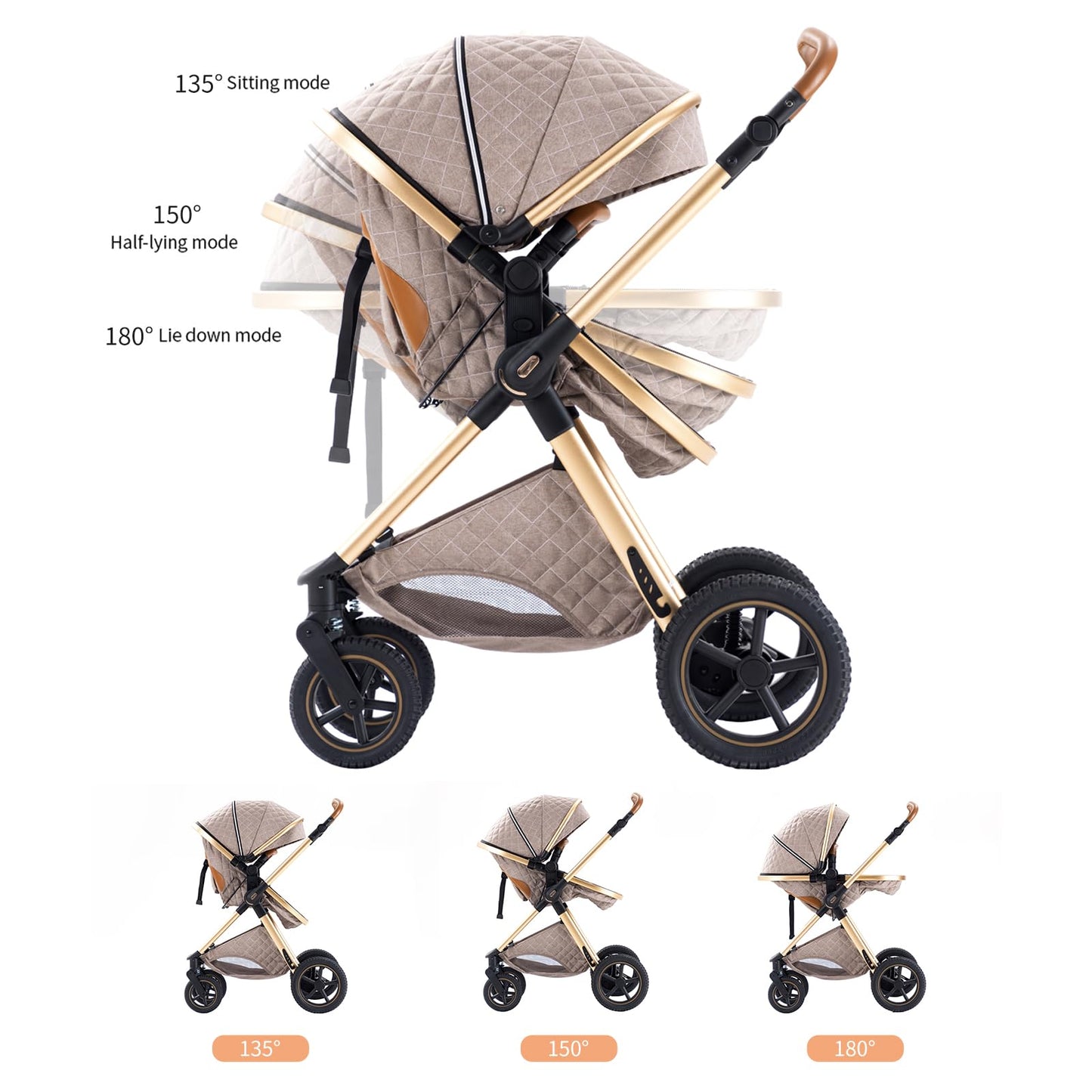 Shineey 3-in-1 Pushchair, Buggy, Foldable Pushchair Set, Combination Pushchair 3-in-1 with Large Comfortable Baby Carrycot Frame, Aluminium Alloy