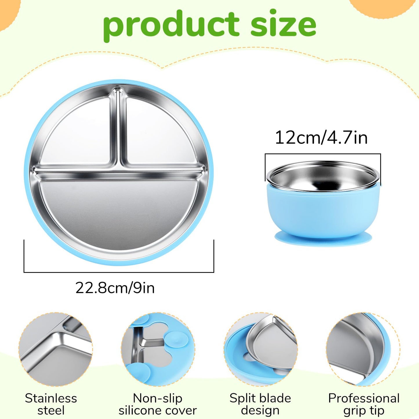 Geschirr Set 6 x Stainless Steel Baby Plates with Suction Cup, 2 Porridge Bowls Baby Bowl and 2 Spoon Forks