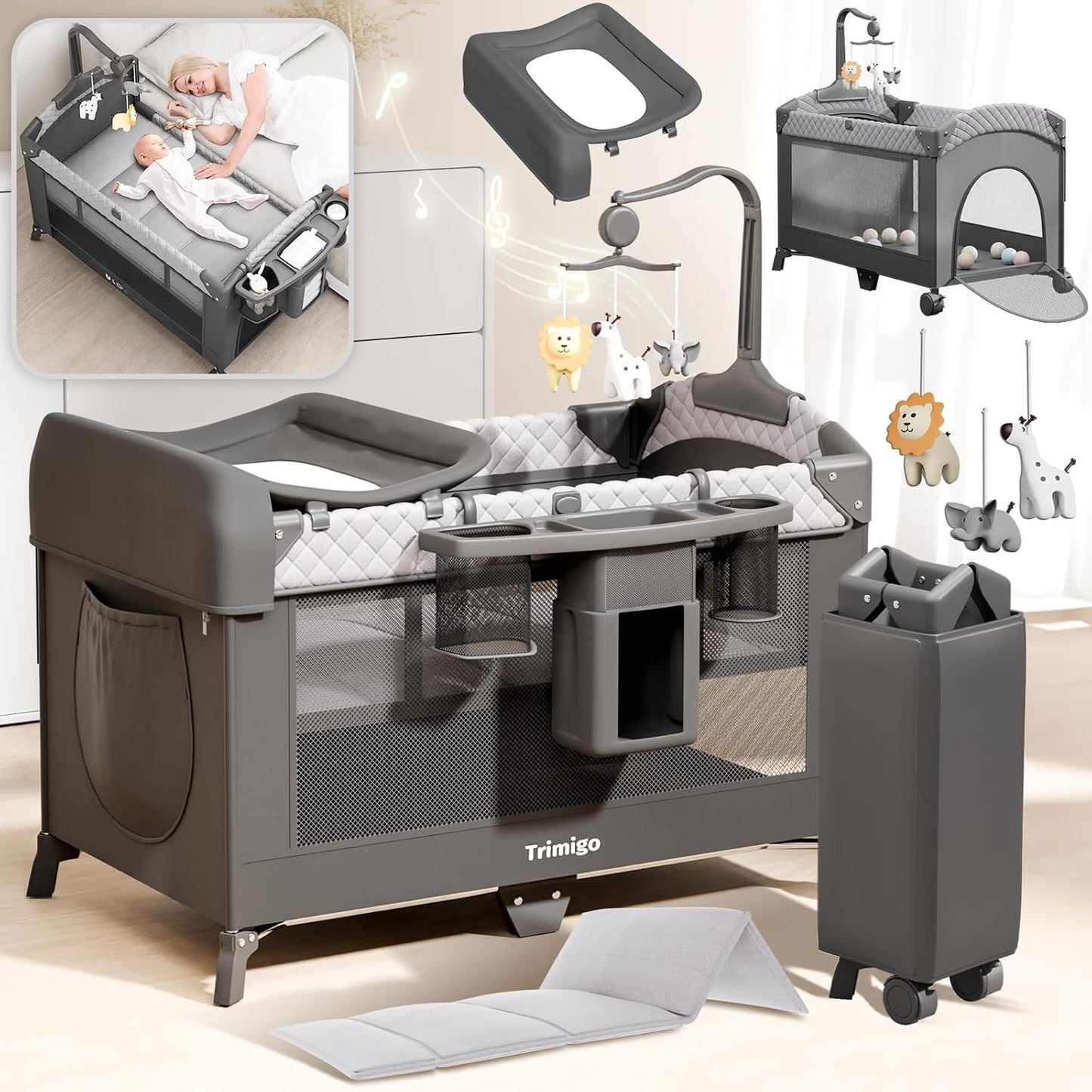 Trimigo 4-in-1 Baby Cot, Travel Cot, Height Adjustable, Children's Travel Cot & Side Cot, 120 x 70 cm