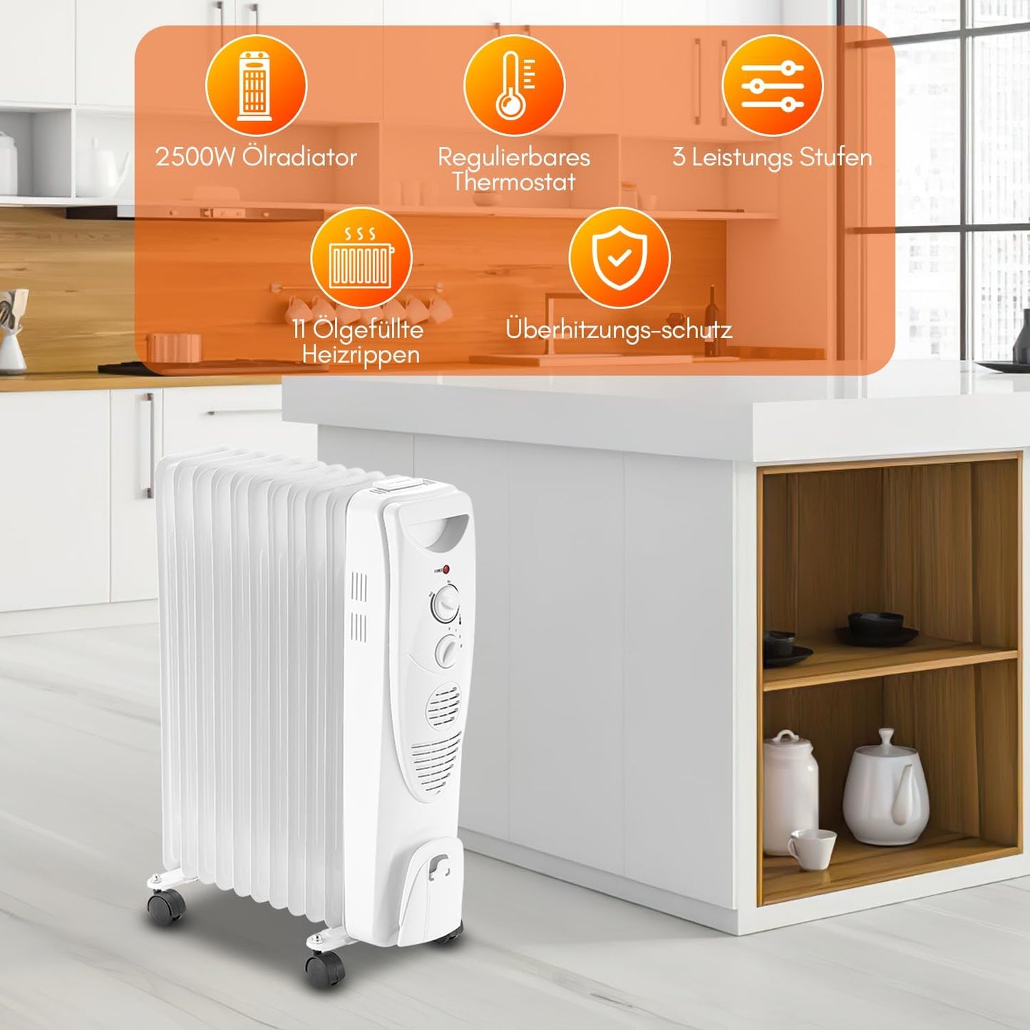 Heizung Fiqops Oil Radiator 2500 W, Energy Saving with 11 Ribs 3 Heat Settings, Thermostat, WiFi App & Remote Control, Digital Display
