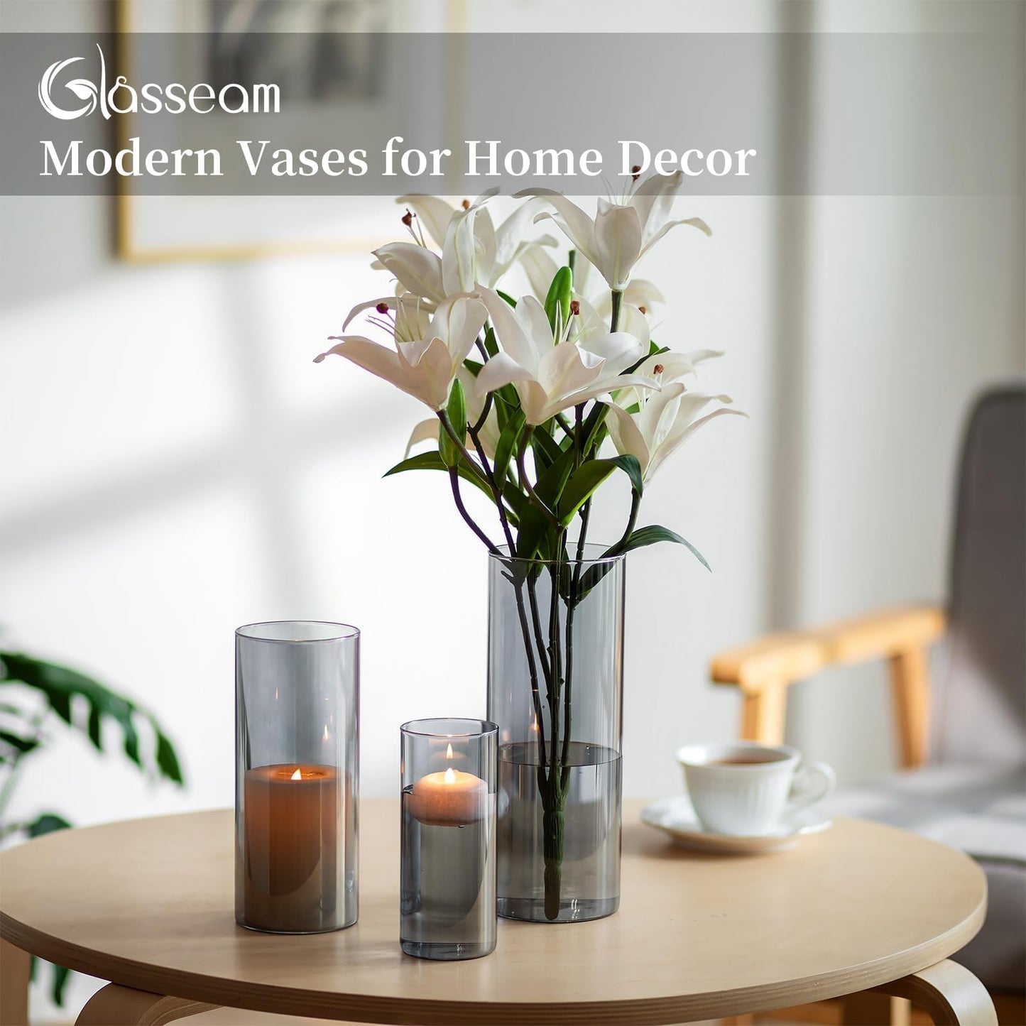 Glasseam Glass Vase Cylinder Vase Grey: Set of 3 Glass Vases Set for Living Room Decorative Glass Cylinder Lantern - Round Flower Vase Modern Glass Vases for Table Decoration Tulips Pampas Grass