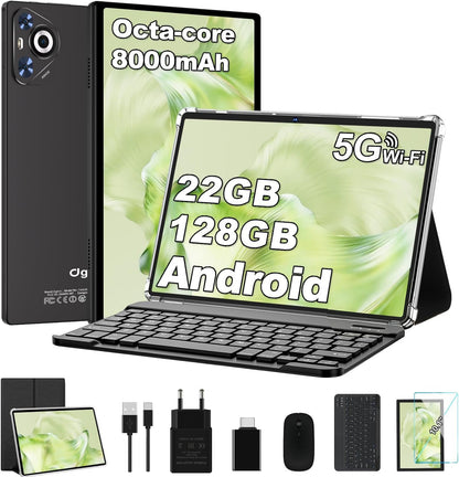 Tablet 10 Zoll Android 14, 22GB RAM 128GB ROM/TF 1TB, Octa-Core Prozessor, 8000mAh, BT5.0, 8MP+5MP, Dual WLAN, Face ID, Widevine L1, Augenschutz, Tablet mit Tastatur & Maus Metallkörper-Schwarz
