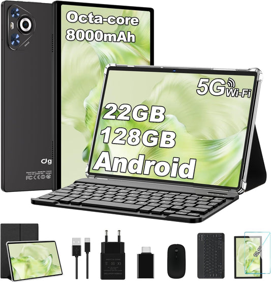 Tablet 10 Zoll Android 14, 22GB RAM 128GB ROM/TF 1TB, Octa-Core Prozessor, 8000mAh, BT5.0, 8MP+5MP, Dual WLAN, Face ID, Widevine L1, Augenschutz, Tablet mit Tastatur & Maus Metallkörper-Schwarz