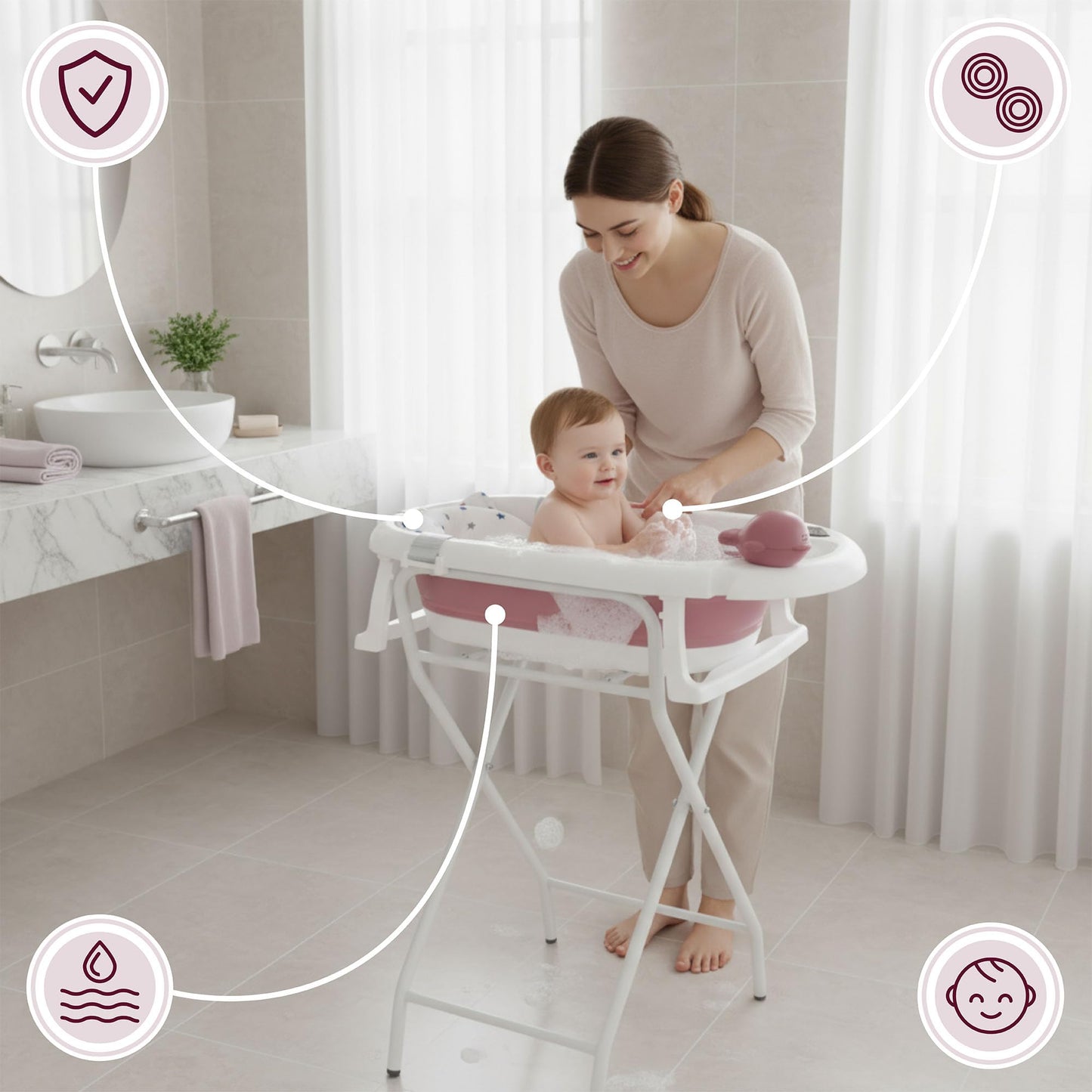 Moby-System Foldable Baby Bathtub with Insert, LCD Thermometer & Frame - Secure Hold from Birth, Ergonomic