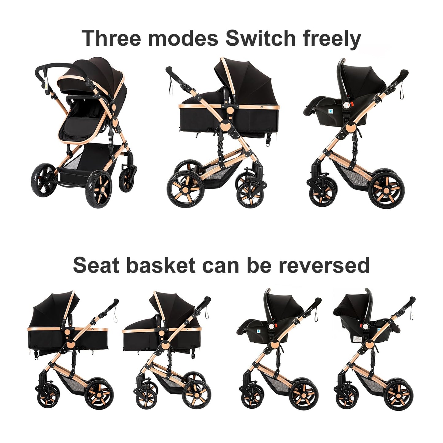 Reenborn 3-in-1 Pushchair, Buggy with Two Reversible Sliding Modes, Pushchair with Frame Aluminium Alloy, Baby Pram, 3-in-1 Complete Set with One-Click Folding Design
