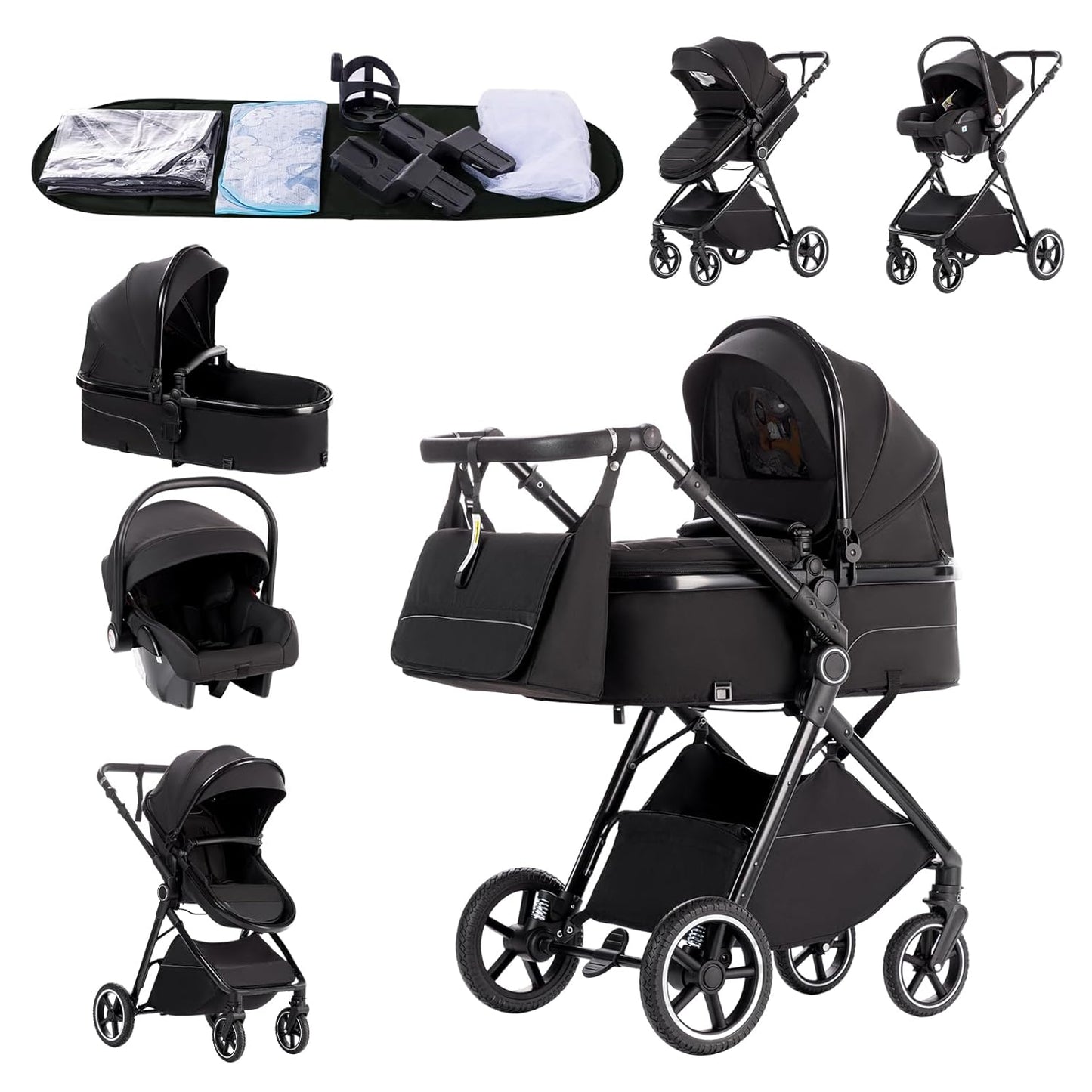 3-in-1 Pram Set with Seat, Baby Bed is Foldable, Adjustable Reclining Position,up to 15 kg, 0-3 Years