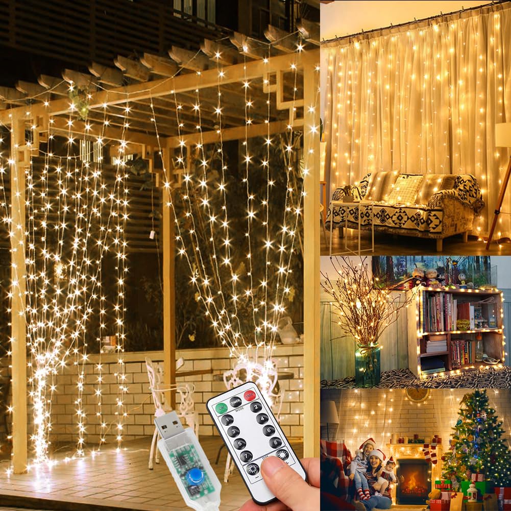 Lichterkette, 3×3m 300 LED Lichtvorhang, 8 Modi LED Lichterkette Vorhang für Innen & Außen, Lichterkette für Outdoor, Zimmer, Party, Balkon deko, Weihnachtsdeko
