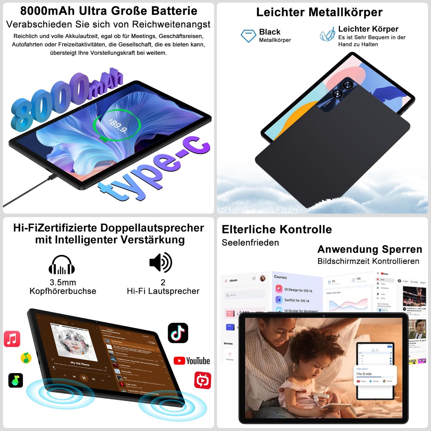 Tablet 11 Zoll Android mit, 24GB RAM 256GB ROM TF 1TB, Octa-Core, GMS, 5G WiFi 6, Bluetooth 5.0