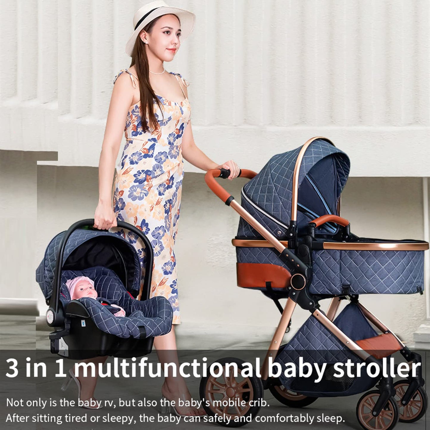 3-in-1 Pram Set with Seat, Baby Bed is Foldable, Adjustable Reclining Position,up to 15 kg, 0-3 Years