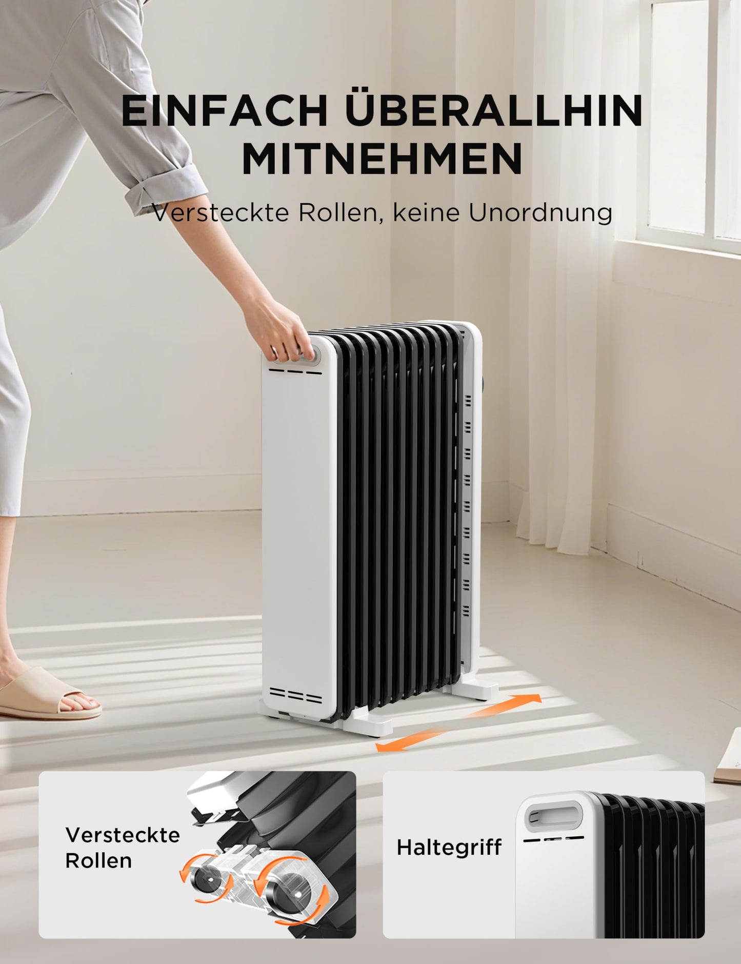 2300W 11 Rippen tragbarer Elektroheizer mit Drehknopfregelung und einstellbarem Thermostat, 3 Heizstufen, Kipp- und Überhitzungsschutz, ultra-leise im Büro & Zuhause