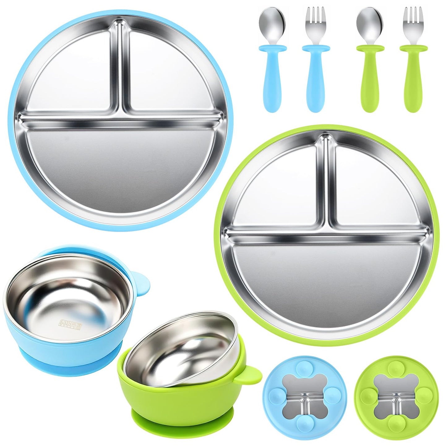 Geschirr Set 6 x Stainless Steel Baby Plates with Suction Cup, 2 Porridge Bowls Baby Bowl and 2 Spoon Forks
