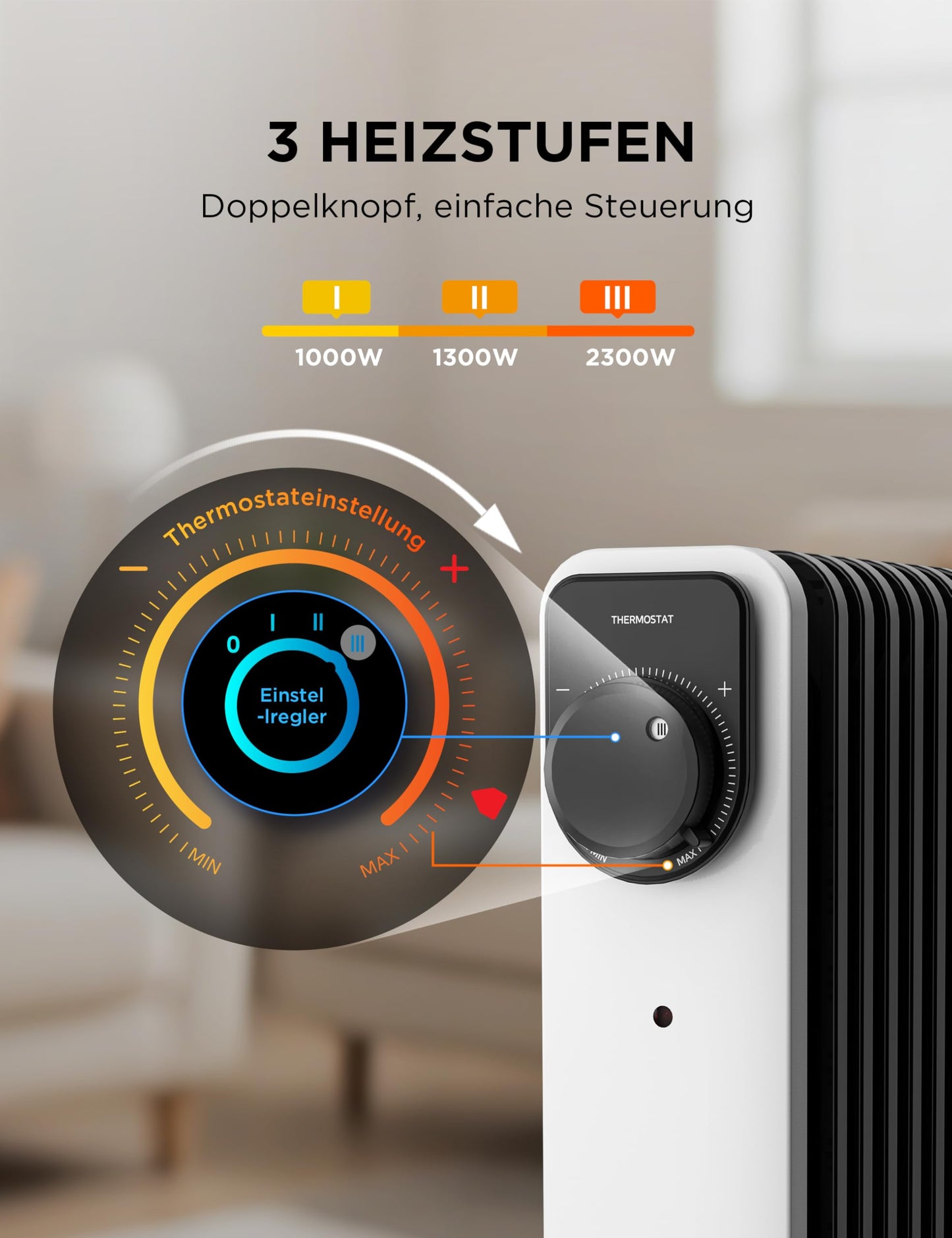 2300W 11 Rippen tragbarer Elektroheizer mit Drehknopfregelung und einstellbarem Thermostat, 3 Heizstufen, Kipp- und Überhitzungsschutz, ultra-leise im Büro & Zuhause