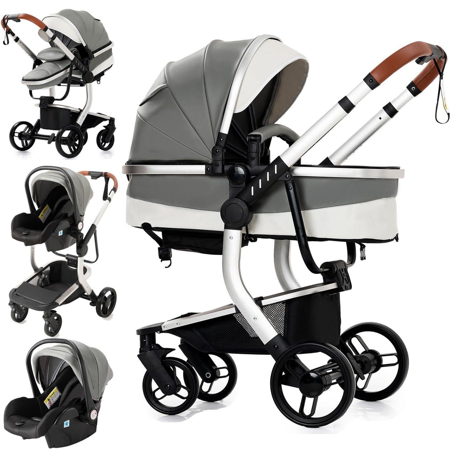 Reenborn 3-in-1 Pushchair, Buggy with Two Reversible Sliding Modes, Pushchair with Frame Aluminium Alloy, Baby Pram, 3-in-1 Complete Set with One-Click Folding Design