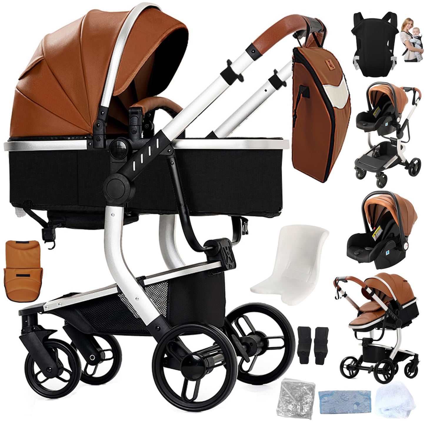 Reenborn 3-in-1 Pushchair, Buggy with Two Reversible Sliding Modes, Pushchair with Frame Aluminium Alloy, Baby Pram, 3-in-1 Complete Set with One-Click Folding Design