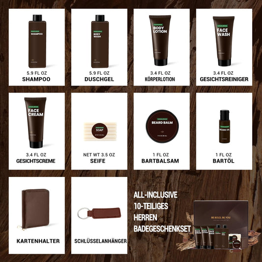 BODY & EARTH Men's Care Gift Set Sandalwood, 10-Piece Care Set with Beard Oil