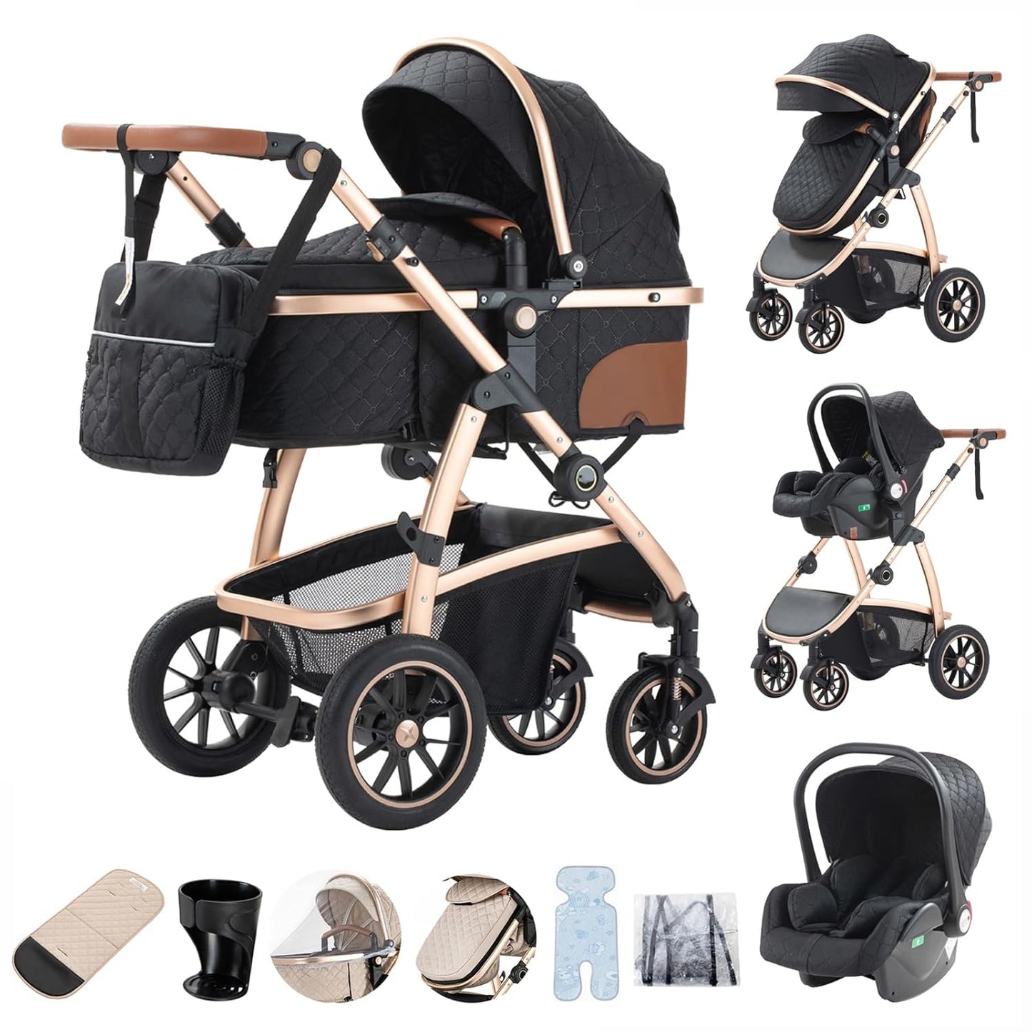 3-in-1 Pram Set with Seat, Baby Bed is Foldable, Adjustable Reclining Position,up to 15 kg, 0-3 Years