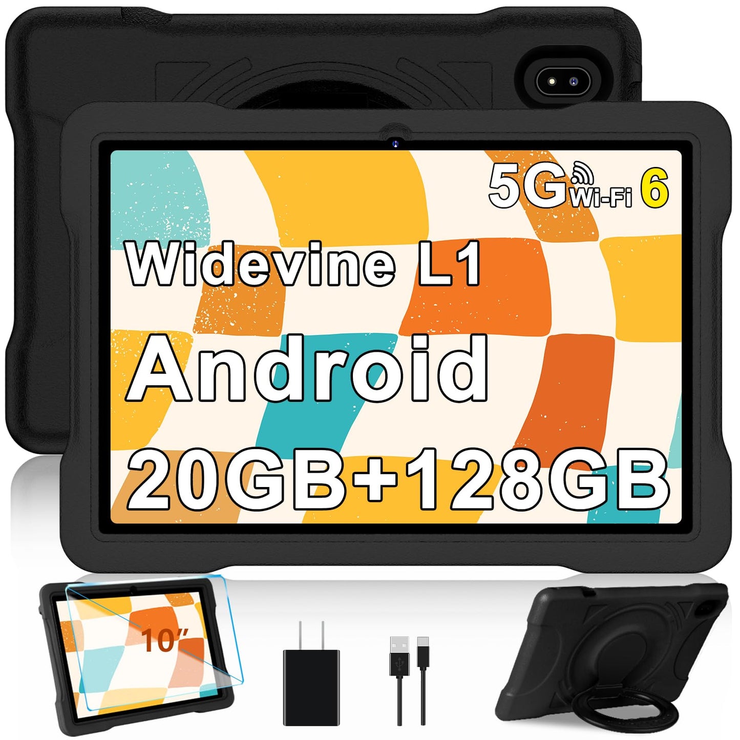 2025 Latest Tablet 10 Inch Android with 5G WiFi 6.20 GB RAM + 128 GB ROM (TF 1TB), Octa-Core, Widevine L1, Educational IWawa App, 6000 mAh, Bluetooth 5.0