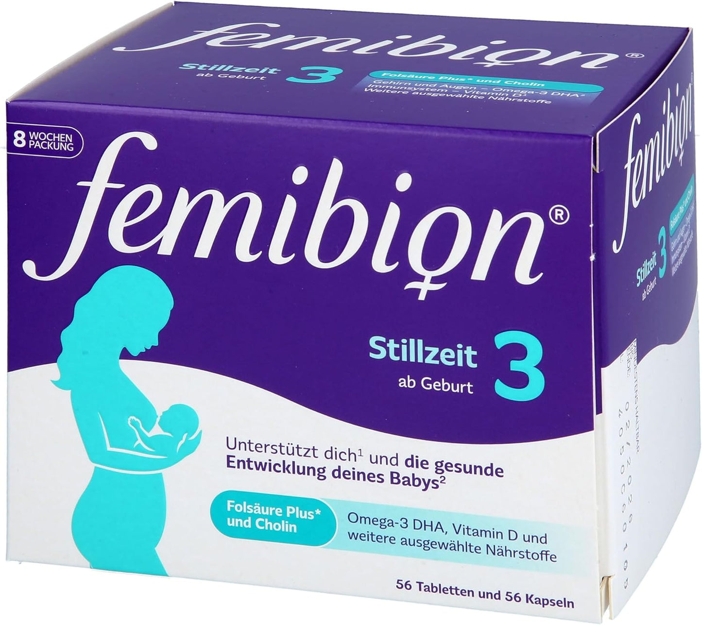 Femibion 3 Stillzeit, Tägliches Nahrungsergänzung für die Laktation, Mit Cholin, DHA, Folsäure, Metafolin, 8-Wochen-Pack, 2 x 56 Stück