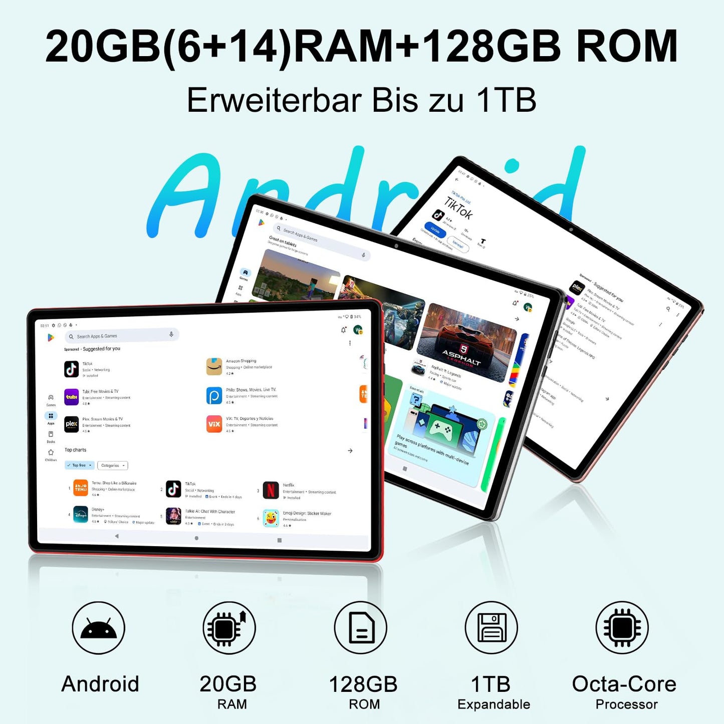Tablet 11 Zoll Android mit, 24GB RAM 256GB ROM TF 1TB, Octa-Core, GMS, 5G WiFi 6, Bluetooth 5.0