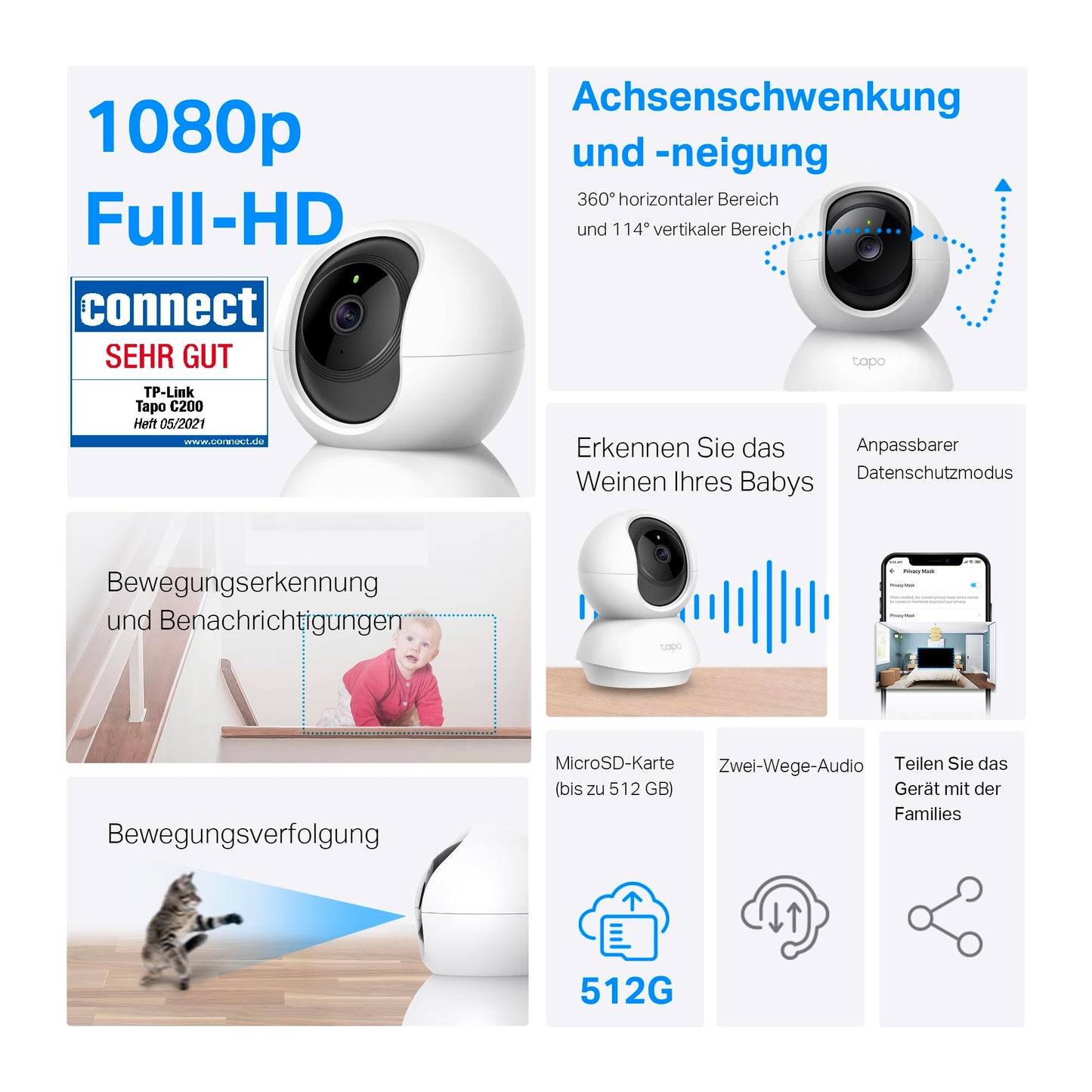 360°-WLAN-Überwachungskamera für den Innenbereich, FHD 1080P, Nachtsicht, Bewegungserkennung, Zwei-Wege-Audio