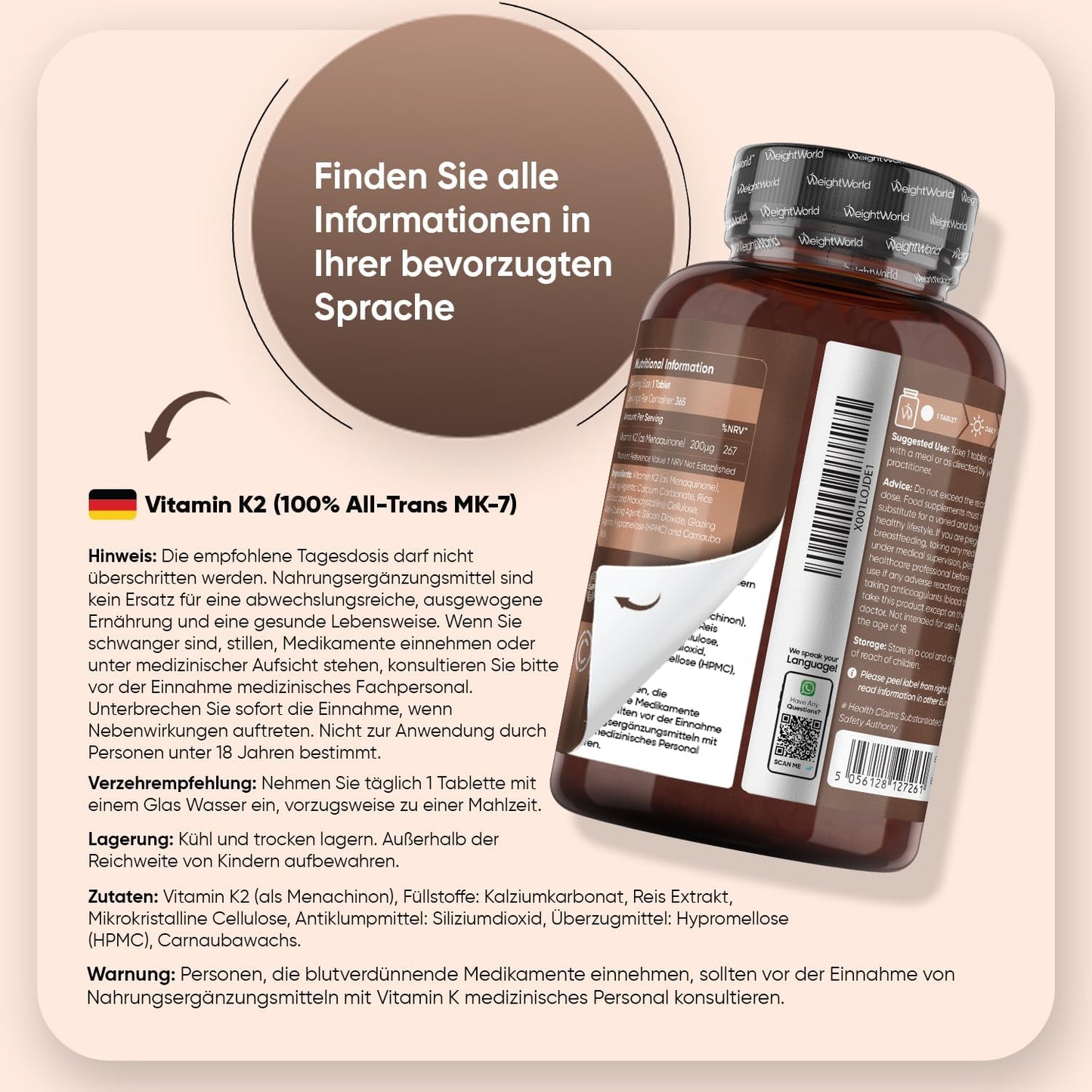 Vitamin K2 MK7-365 Vegan Tablets - 200 µg per Dose - 100% All-Trans Menachinone - 1 Year Supply