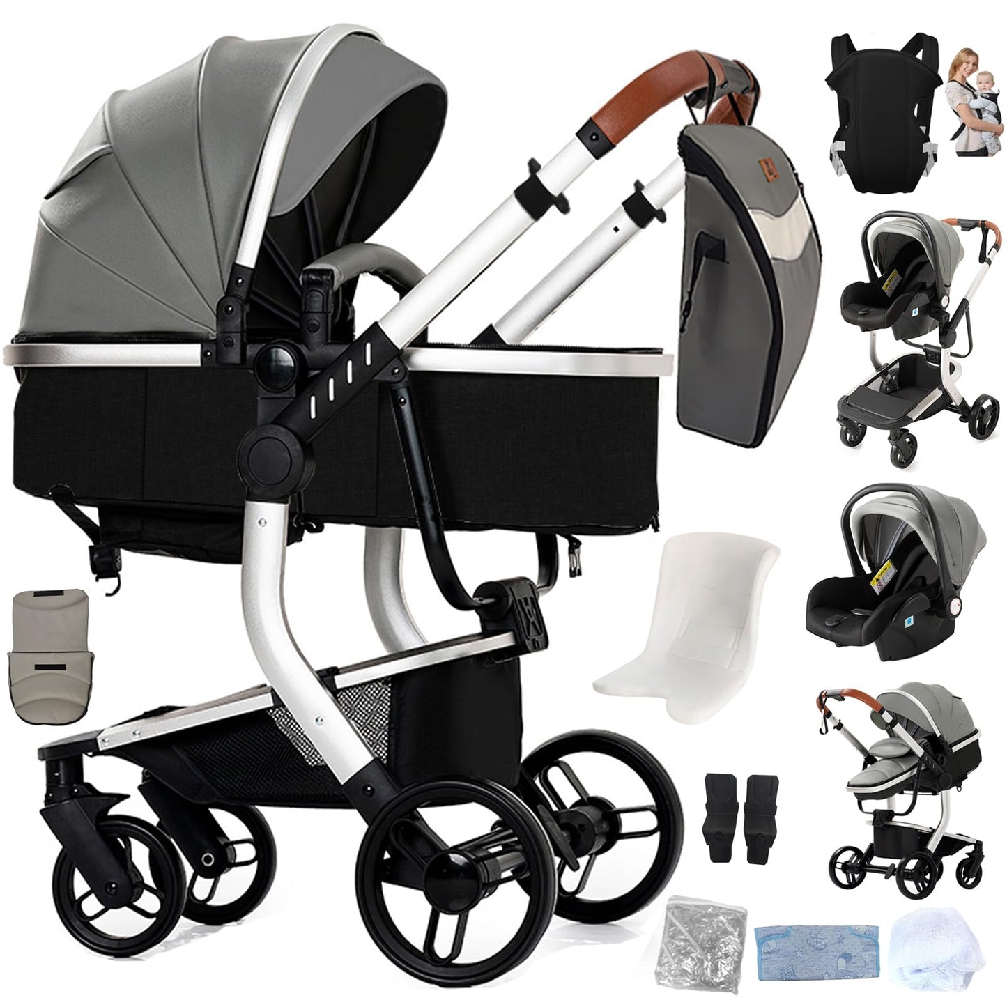 Reenborn 3-in-1 Pushchair, Buggy with Two Reversible Sliding Modes, Pushchair with Frame Aluminium Alloy, Baby Pram, 3-in-1 Complete Set with One-Click Folding Design