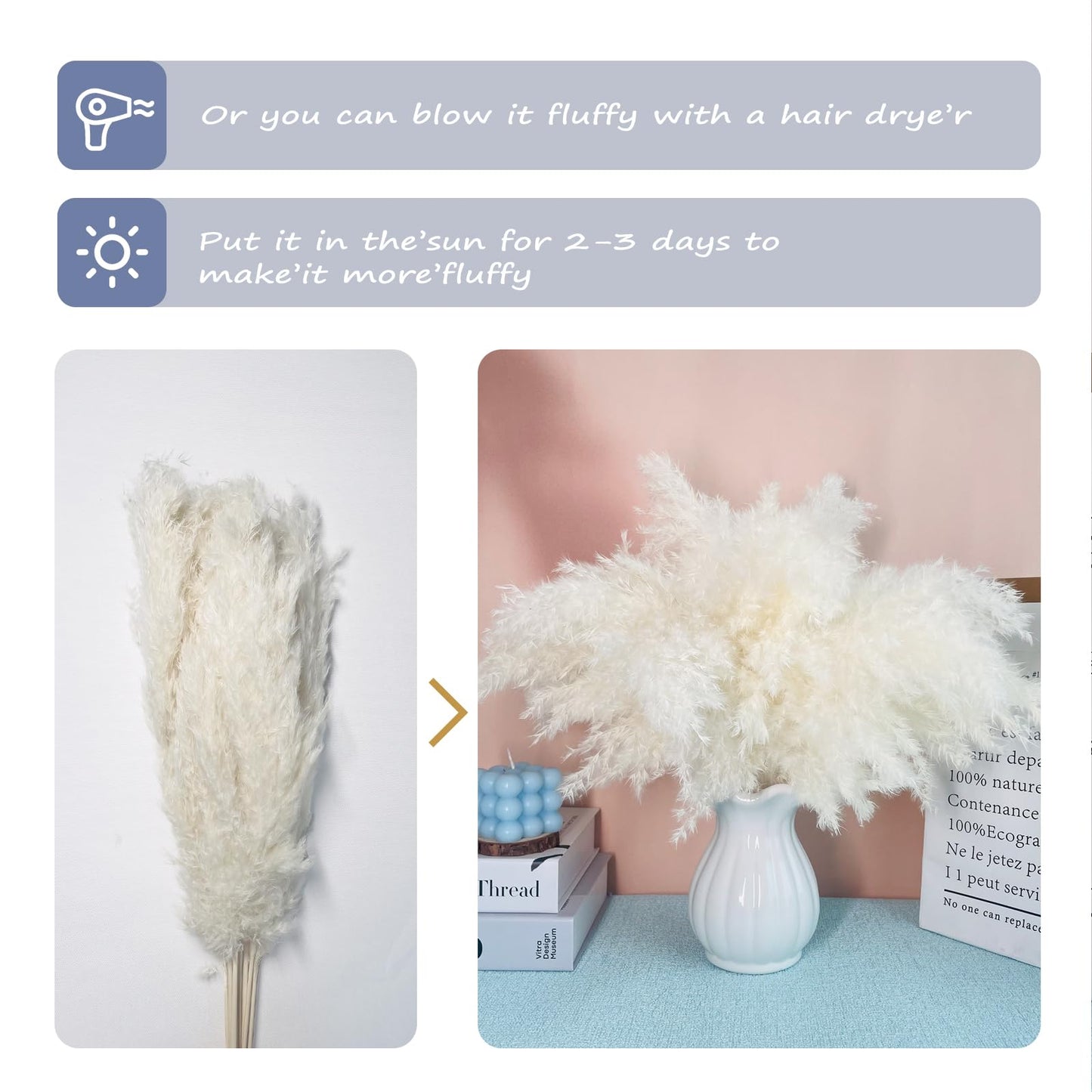 Dried Pampas Grass 60 Pieces Natural Dried Flowers Decoration, Bouquet Reed Flower Decoration for Living Room Bedroom