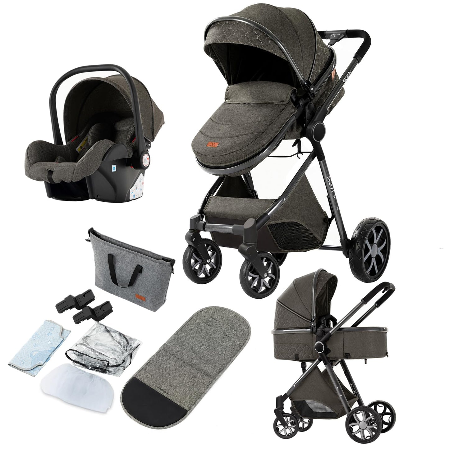 Reenborn 3-in-1 Pushchair, Buggy with Two Reversible Sliding Modes, Pushchair with Frame Aluminium Alloy, Baby Pram, 3-in-1 Complete Set with One-Click Folding Design