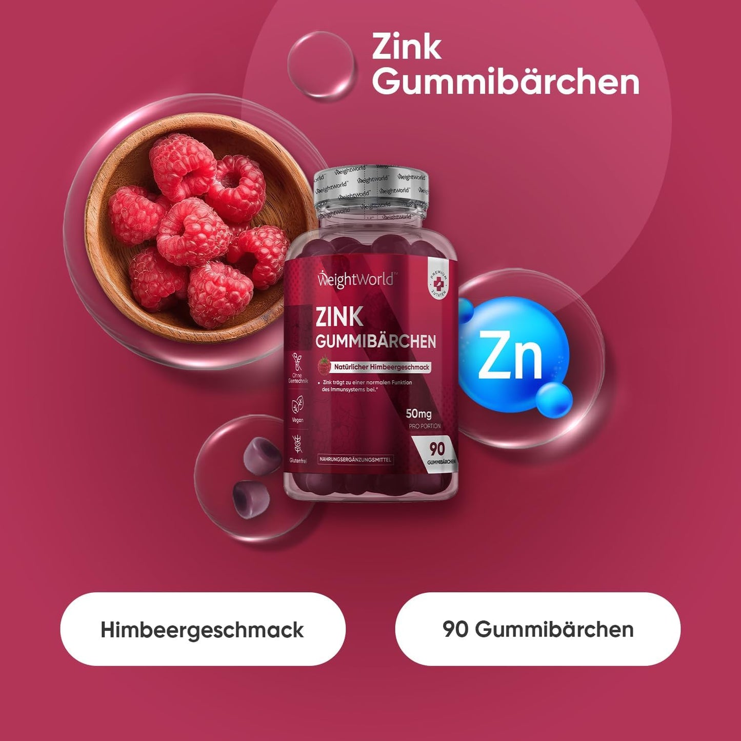 Zink Gummibärchen - Mit Himbeergeschmack - 90 vegane Zinkcitrat Gummies für 3 Monate Vorrat - Alternative zu Tabletten und Kapseln