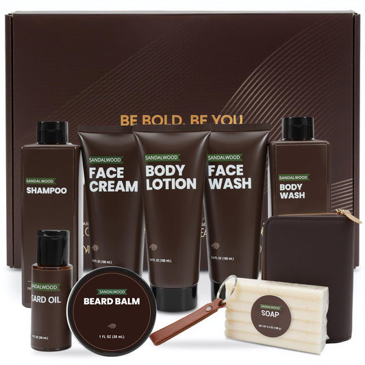 BODY & EARTH Men's Care Gift Set Sandalwood, 10-Piece Care Set with Beard Oil