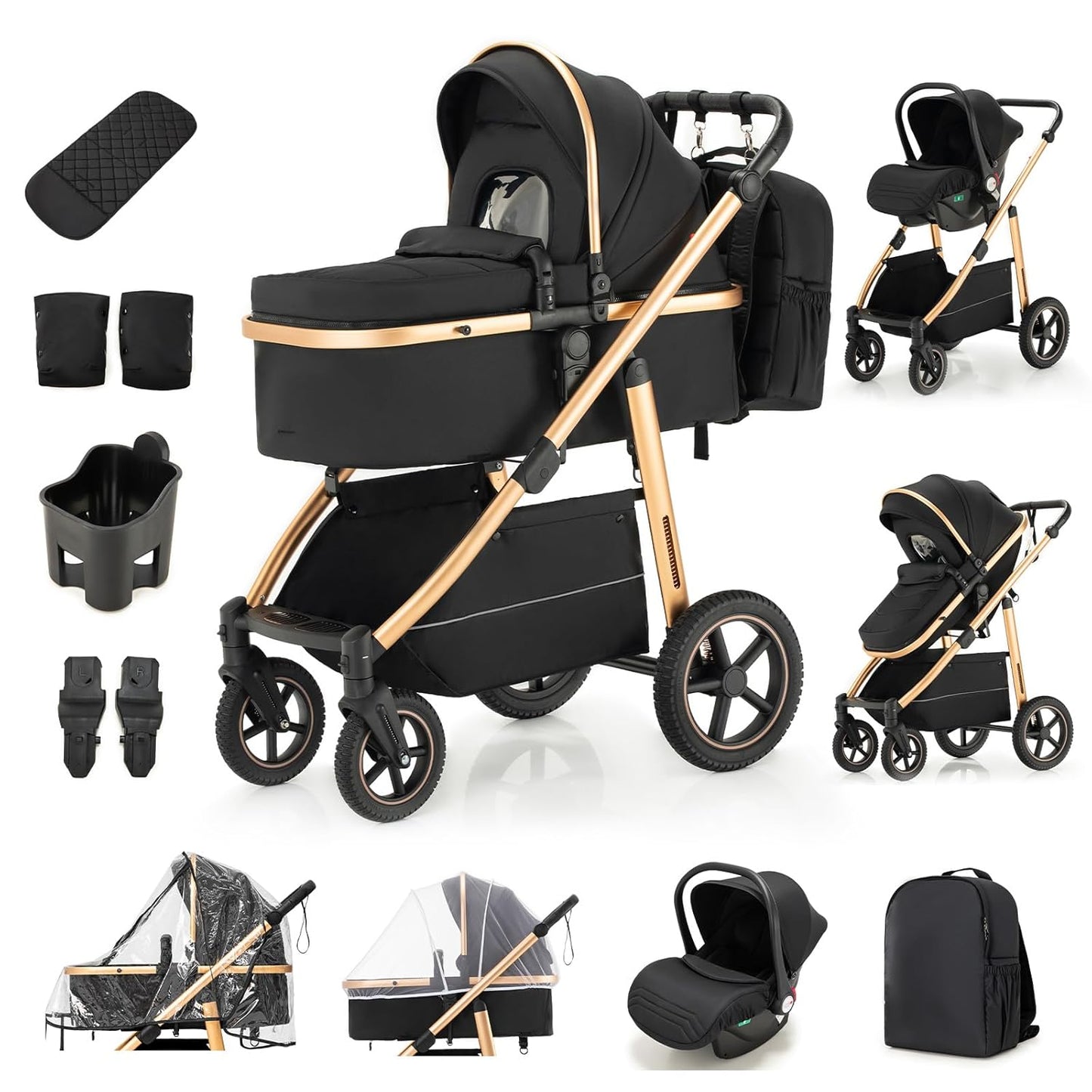 3-in-1 Pram Set with Seat, Baby Bed is Foldable, Adjustable Reclining Position,up to 15 kg, 0-3 Years