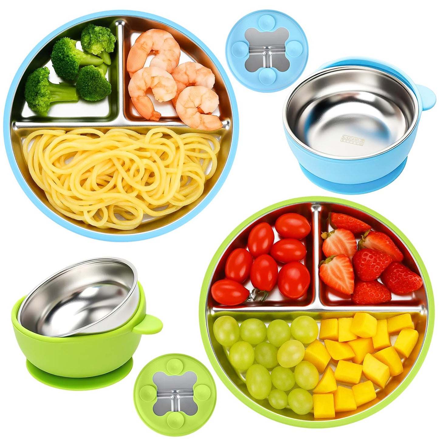 Geschirr Set 6 x Stainless Steel Baby Plates with Suction Cup, 2 Porridge Bowls Baby Bowl and 2 Spoon Forks