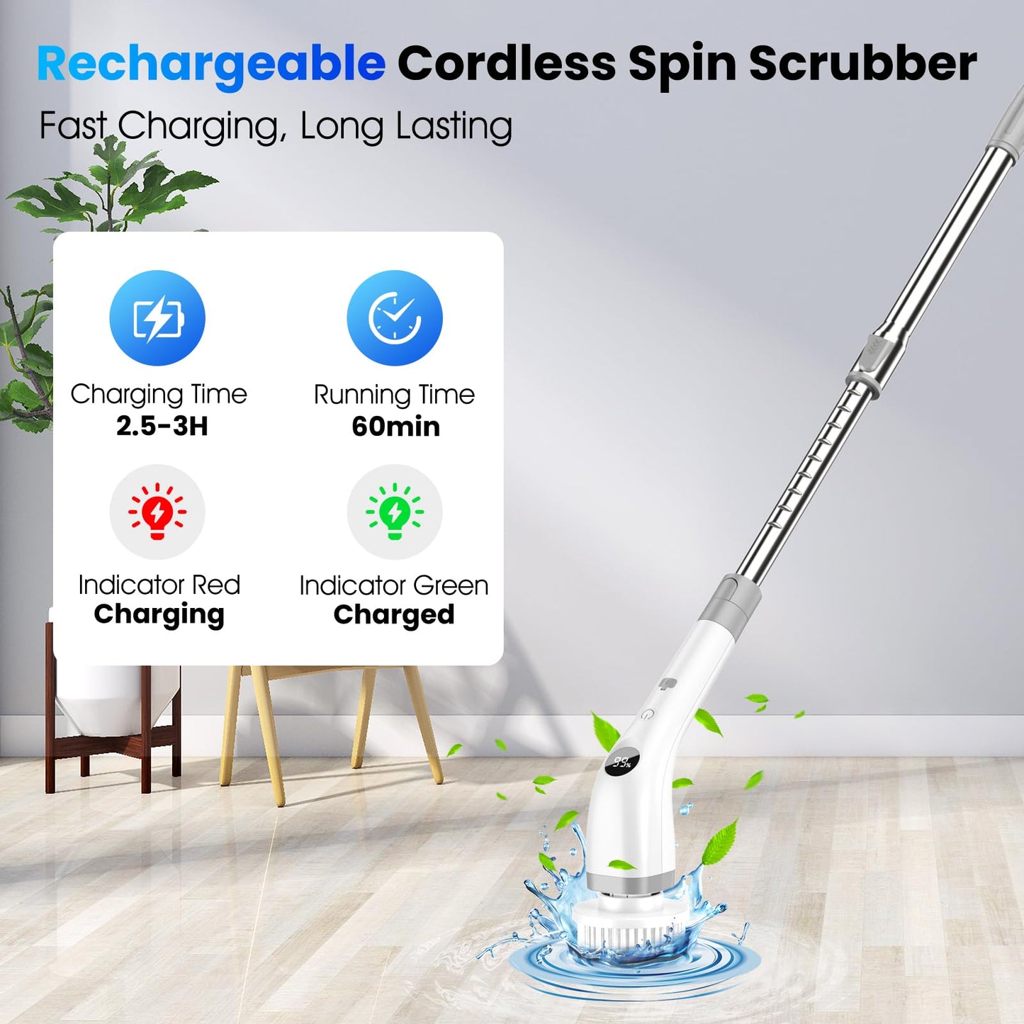 Elektrische Reinigungsbürste, Kabellos Power Spin Scrubber mit 7 Bürstenköpfen, 2 Speed Integrierte übertragung, Cleaning Brush für Fliesen, Duschen, Glas, Bad