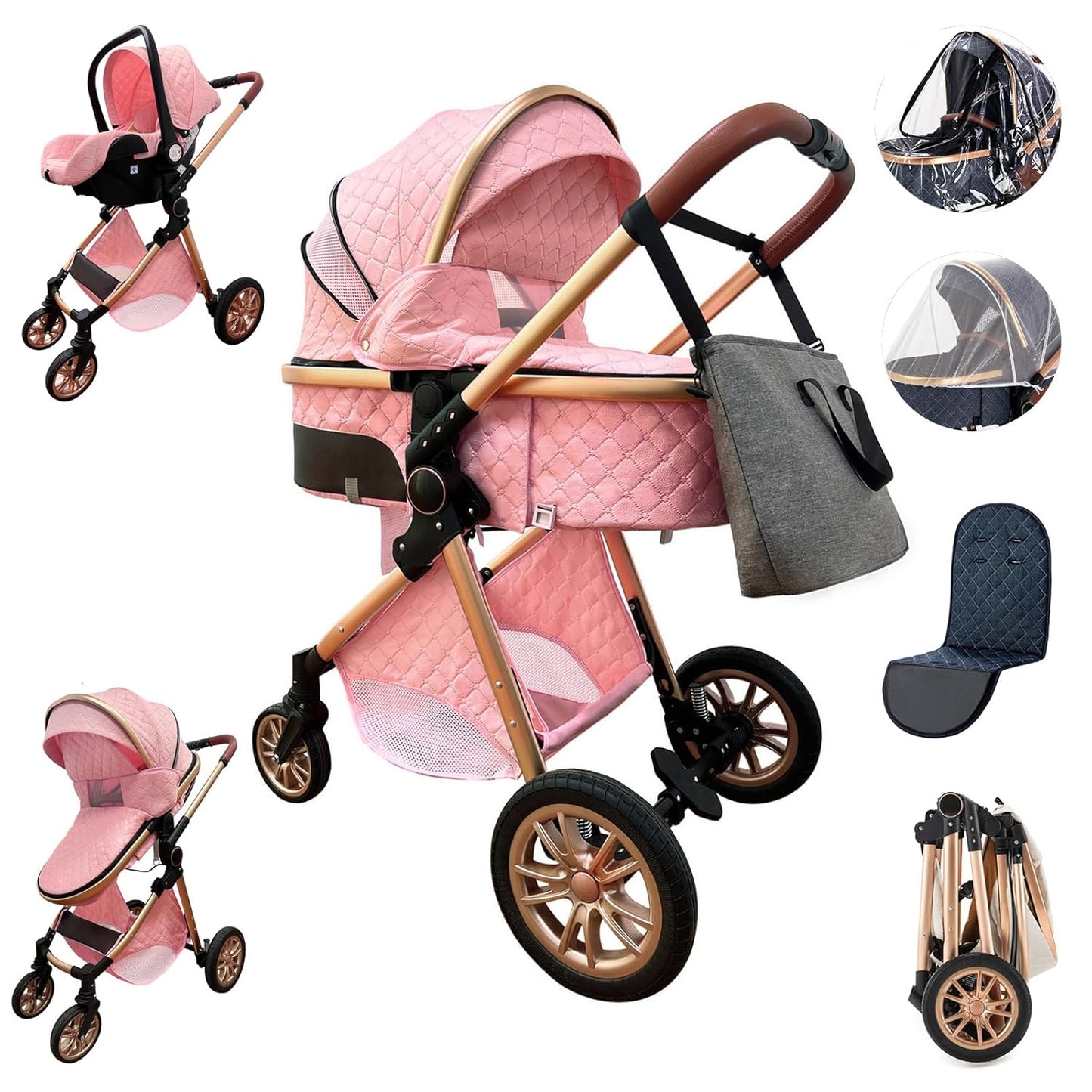 3-in-1 Pram Set with Seat, Baby Bed is Foldable, Adjustable Reclining Position,up to 15 kg, 0-3 Years