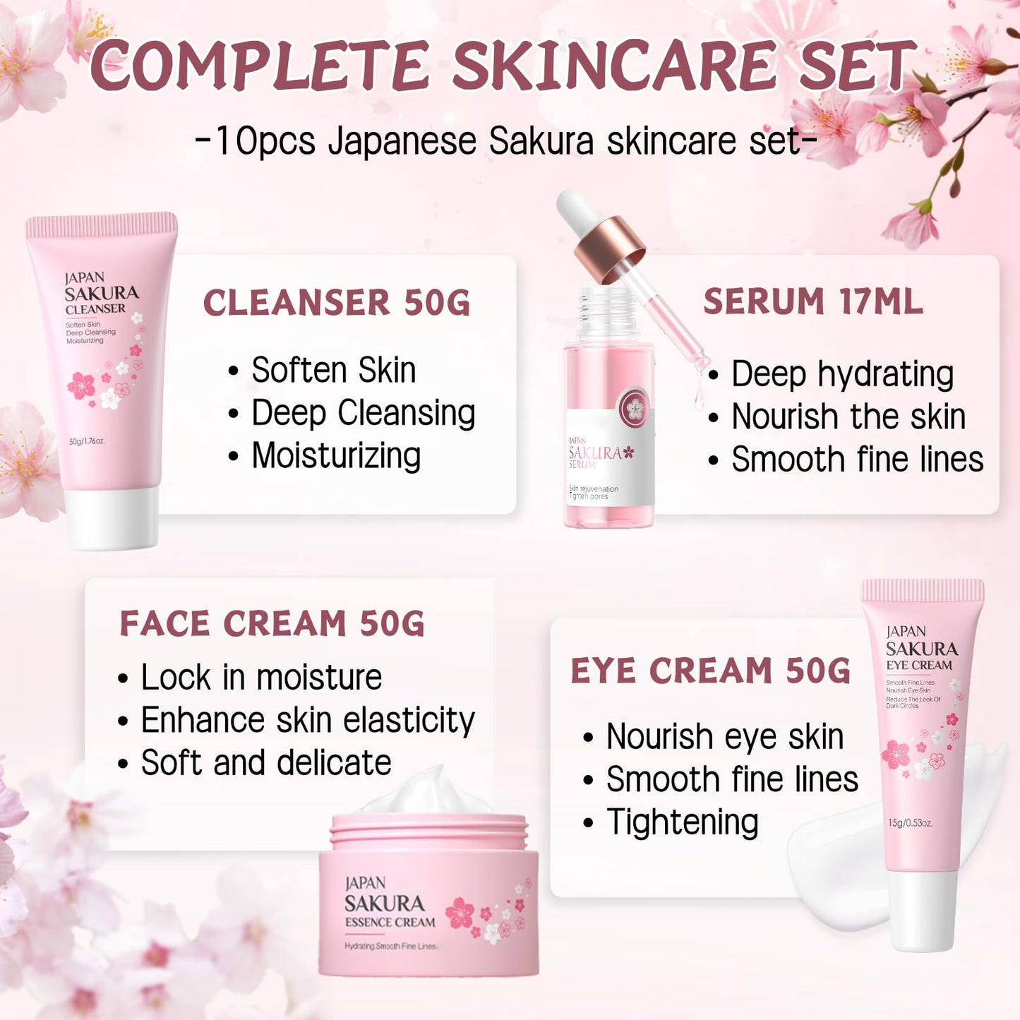 Sakura Skin Care Set Teenager Mädchen Geschenke - Skincare Set 10 Stück - Hautpflege - Anti Aging - Mit Cleanser, Serum