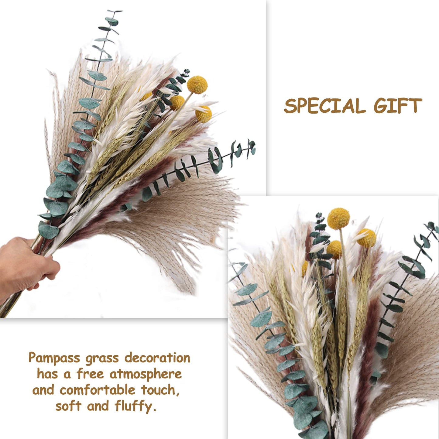 Dried Pampas Grass 60 Pieces Natural Dried Flowers Decoration, Bouquet Reed Flower Decoration for Living Room Bedroom
