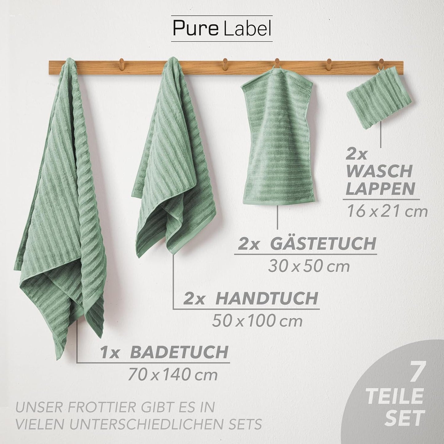 Pure Label 6-Piece Hand Towel Set with Hanging Loops Made of 100% Cotton, Absorbent and Soft, 2 x Bath Towels (70 x 140 cm), 2 x Hand Towels (50 x 100 cm), 2 x Guest Towels (30 x 50 cm),
