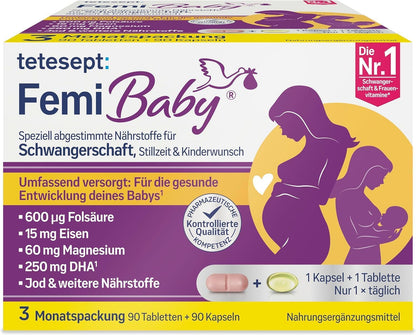 Tetesept Femi Baby - 16 Nutrients for Desiring Children, Pregnancy & Breastfeeding - with Folic Acid, Iron, Iodine + DHA - 1 x 3 Month Pack of 90 Tablets + 90 Capsules