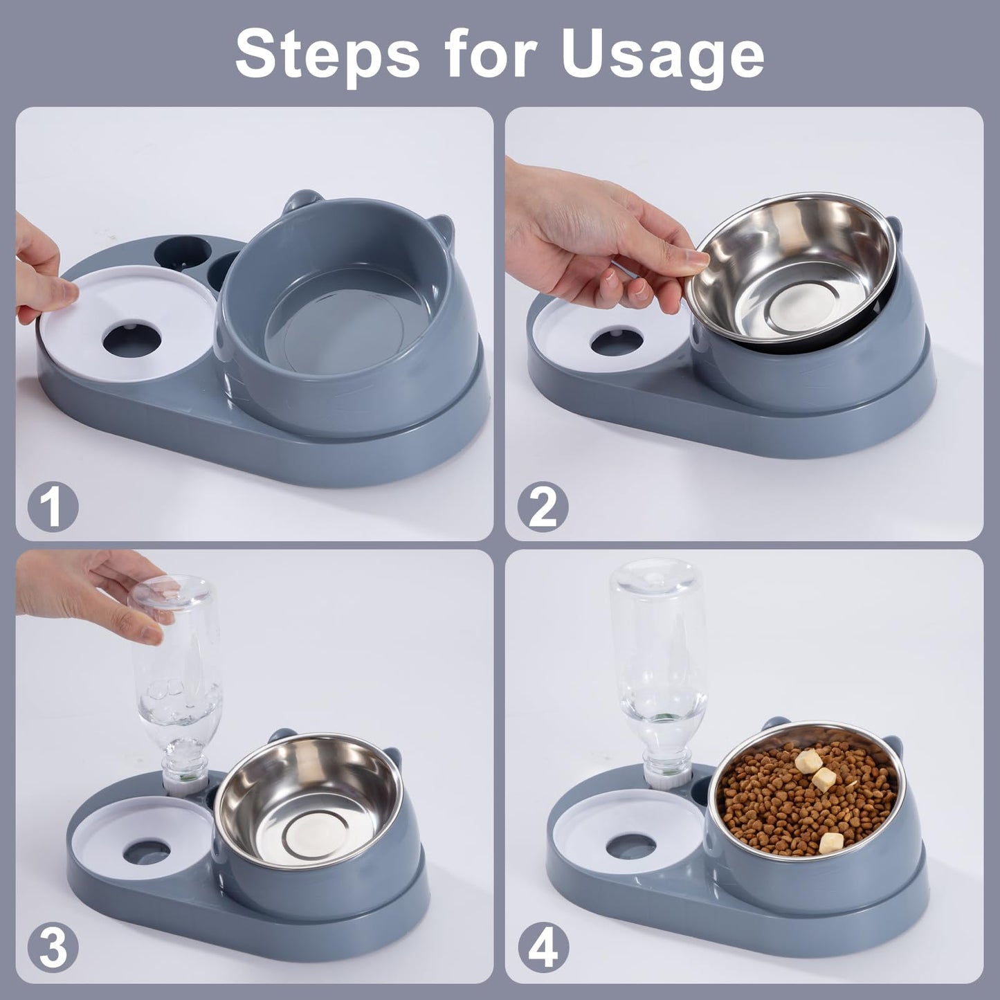 Cat Feeding Station with Automatic Water Bottle, 2-in-1 Raised Bowl Made of Stainless Steel