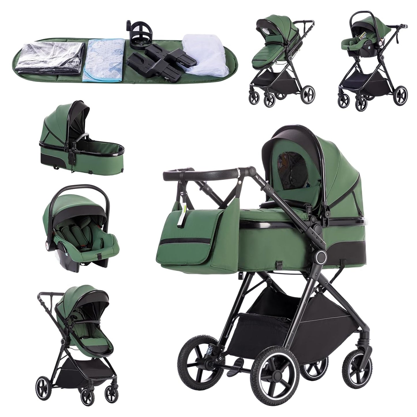 3-in-1 Pram Set with Seat, Baby Bed is Foldable, Adjustable Reclining Position,up to 15 kg, 0-3 Years