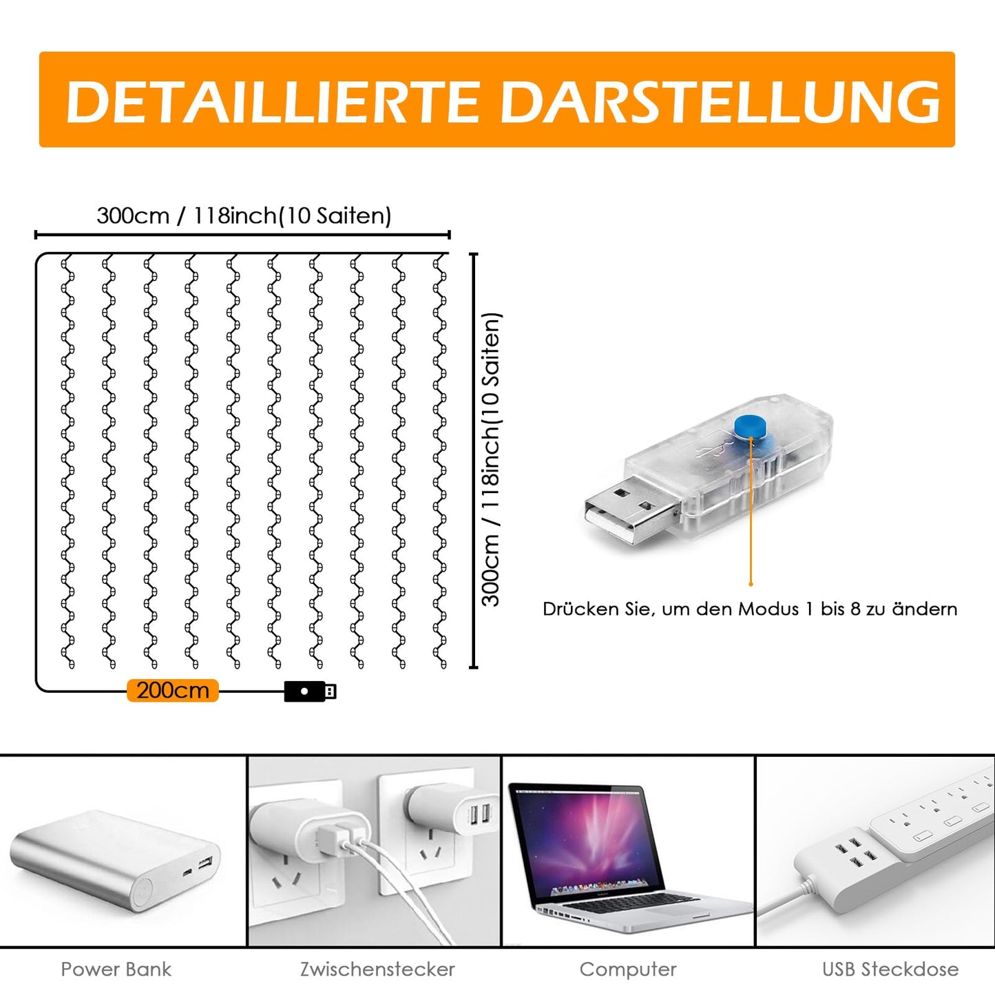 Lichterkette, 3×3m 300 LED Lichtvorhang, 8 Modi LED Lichterkette Vorhang für Innen & Außen, Lichterkette für Outdoor, Zimmer, Party, Balkon deko, Weihnachtsdeko
