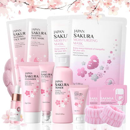 Sakura Skin Care Set Teenager Mädchen Geschenke - Skincare Set 10 Stück - Hautpflege - Anti Aging - Mit Cleanser, Serum