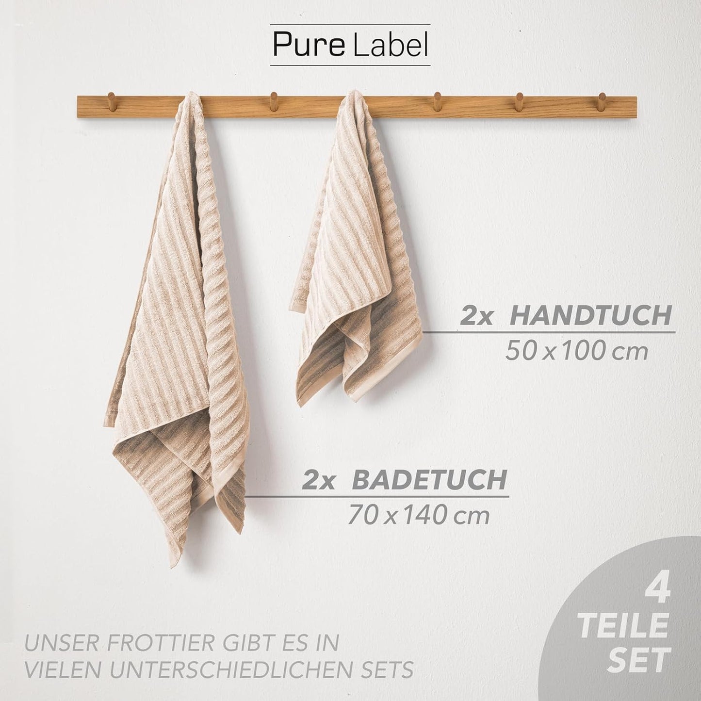 Pure Label 6-Piece Hand Towel Set with Hanging Loops Made of 100% Cotton, Absorbent and Soft, 2 x Bath Towels (70 x 140 cm), 2 x Hand Towels (50 x 100 cm), 2 x Guest Towels (30 x 50 cm),