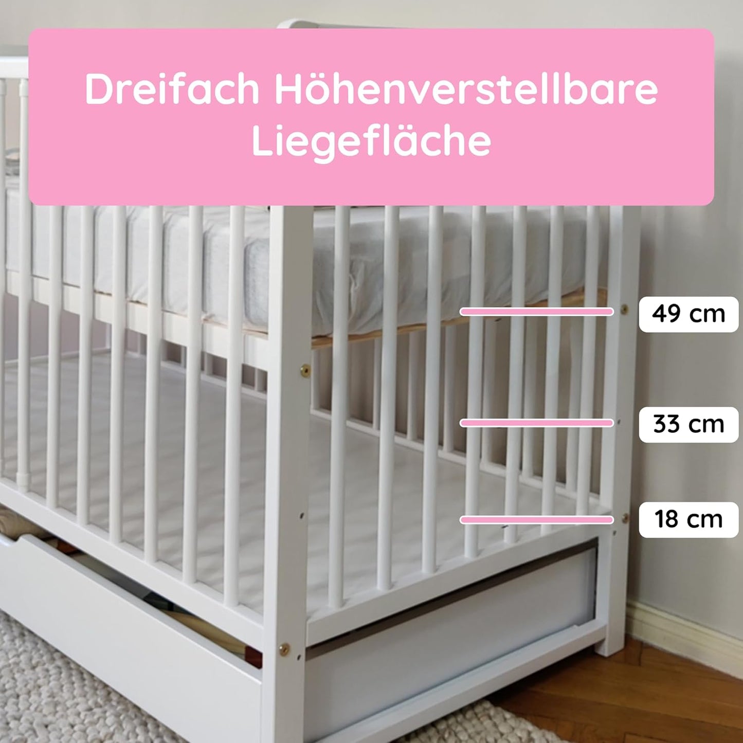 Babybett Kinderbett 60x120 cm Gitterbett Baby Bett Komplett-Set, Lattenrost höhenverstellbar
