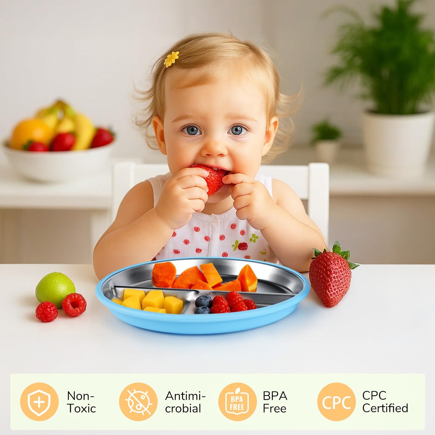 Geschirr Set 6 x Stainless Steel Baby Plates with Suction Cup, 2 Porridge Bowls Baby Bowl and 2 Spoon Forks