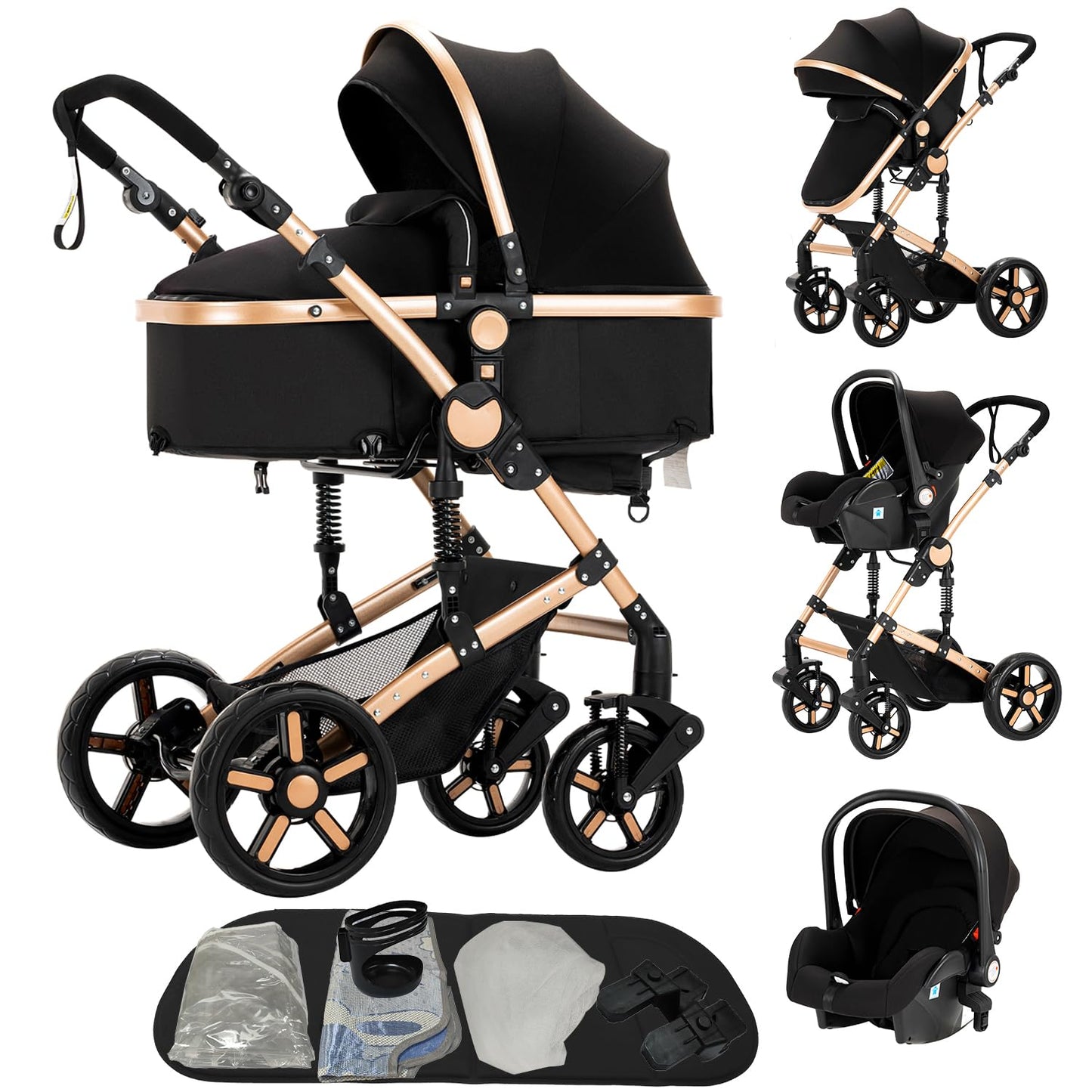 Reenborn 3-in-1 Pushchair, Buggy with Two Reversible Sliding Modes, Pushchair with Frame Aluminium Alloy, Baby Pram, 3-in-1 Complete Set with One-Click Folding Design