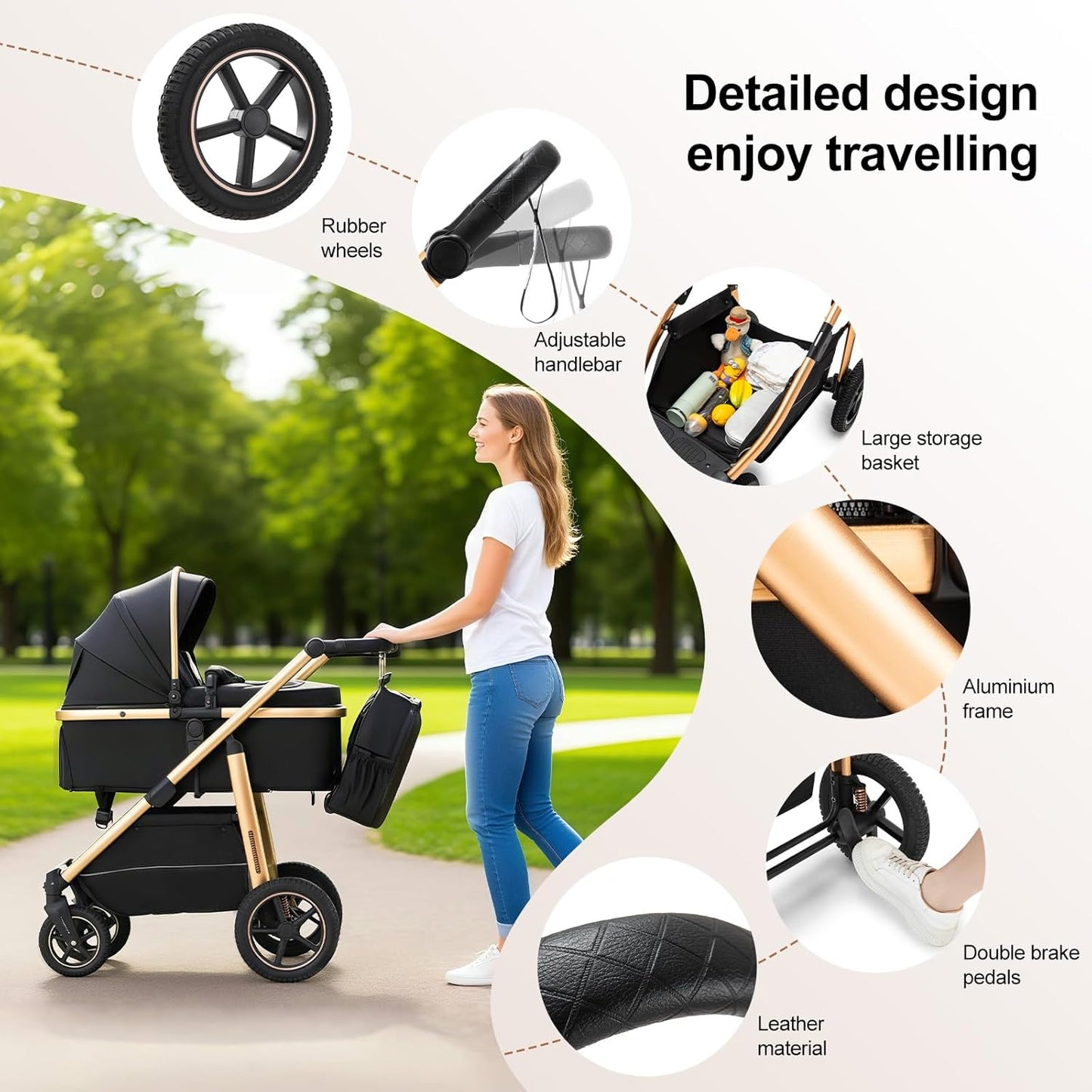 3-in-1 Pram Set with Seat, Baby Bed is Foldable, Adjustable Reclining Position,up to 15 kg, 0-3 Years
